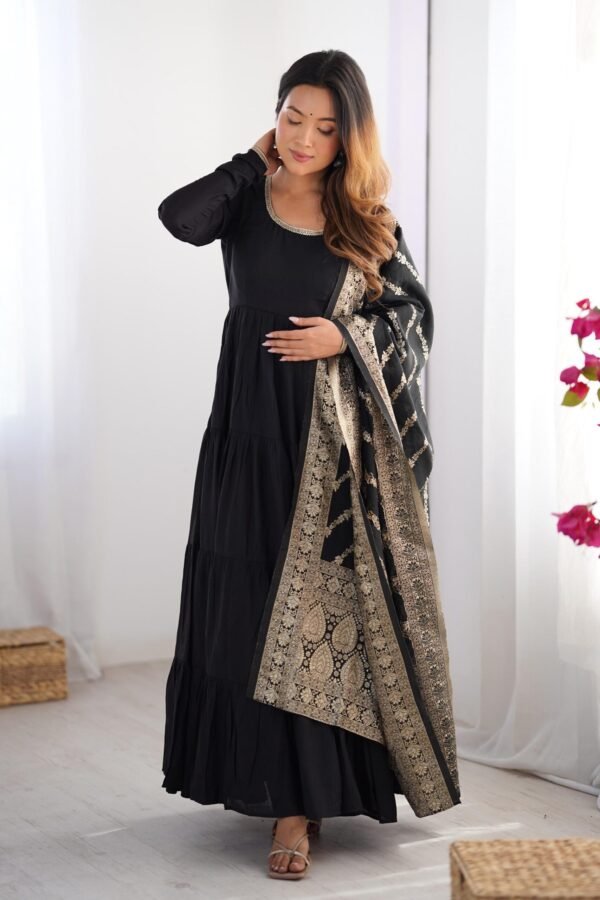 Black Roman Silk Four-Layer Anarkali Gown Set