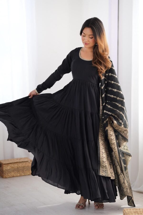 Black Roman Silk Four-Layer Anarkali Gown Set