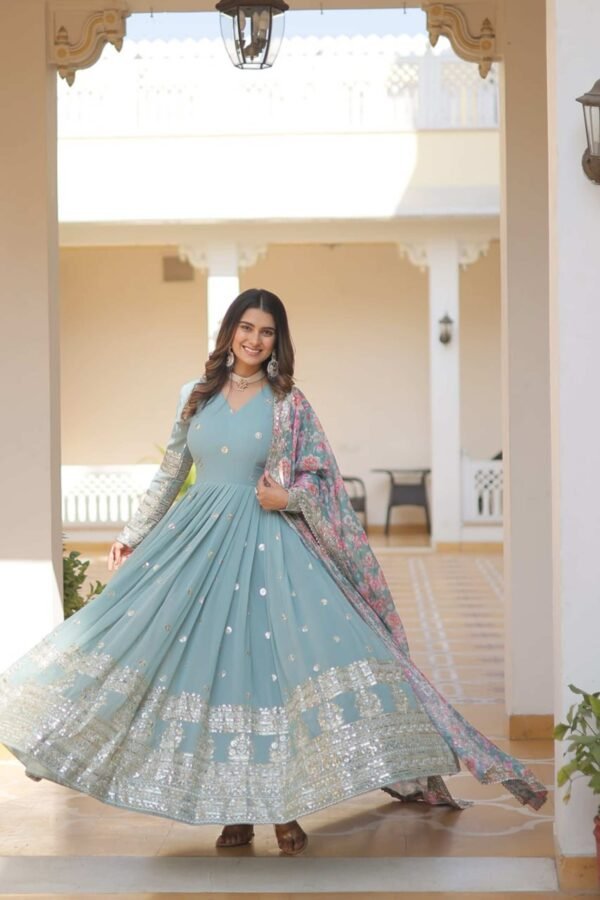 Sky Blue Heavy Embroidery Work Gown with Dupatta