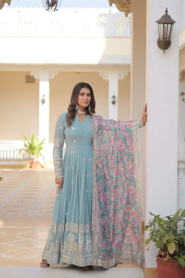 Sky Blue Heavy Embroidery Work Gown with Dupatta