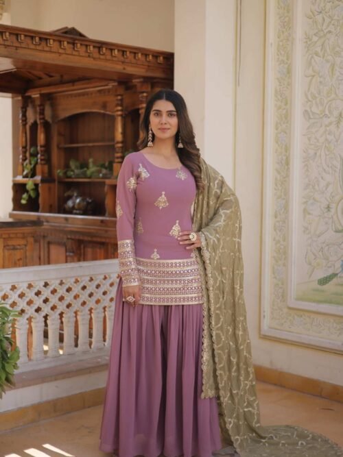 Onion Color Palazzo Suit with Embroidery Work