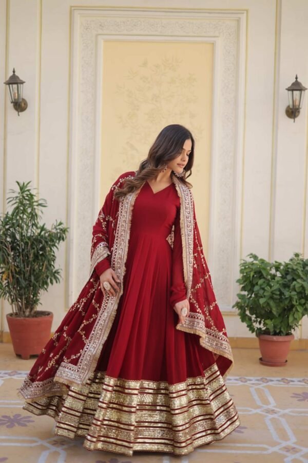 Luxurious Maroon Heavy Designer Gown with Dupatta