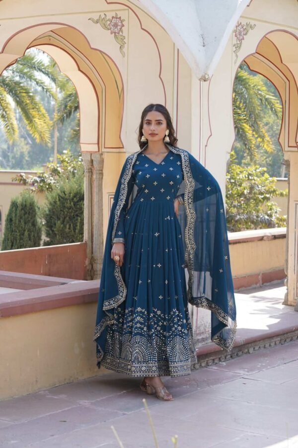 Blue Wedding Wear Heavy Sequence Work Gown with Dupatta