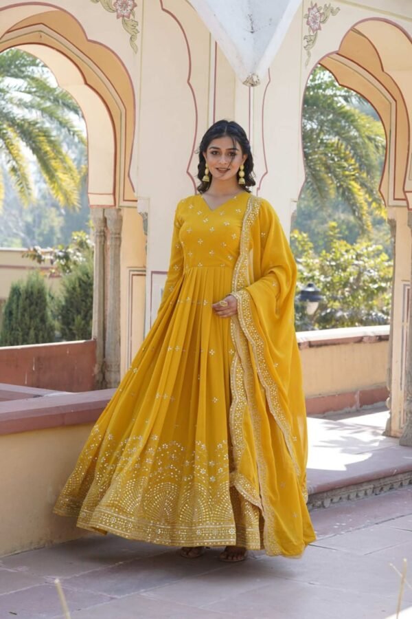 Yellow Wedding Wear Heavy Sequence Work Gown with Dupatta