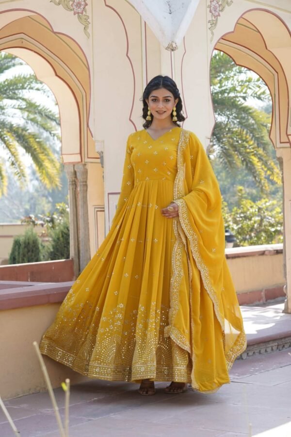 Yellow Wedding Wear Heavy Sequence Work Gown with Dupatta