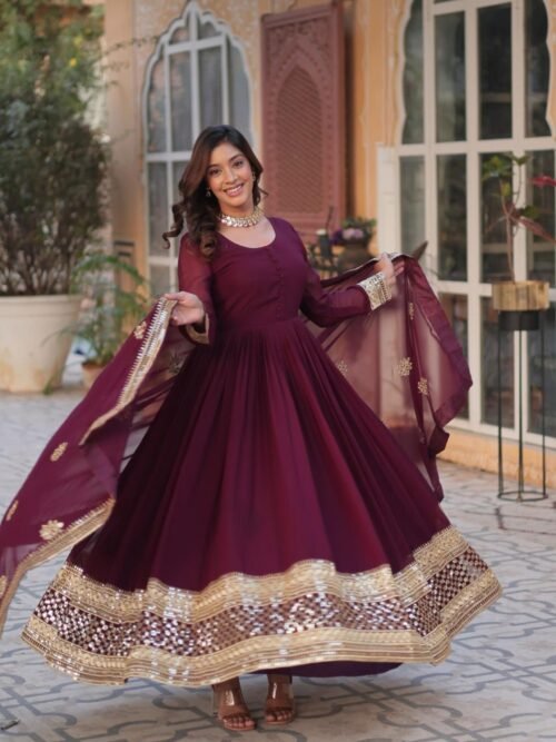 Sophisticated Maroon Zari Sequins Embroidered Gown