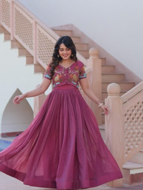 Ruby Color Jacket Style South Indian Gown Set