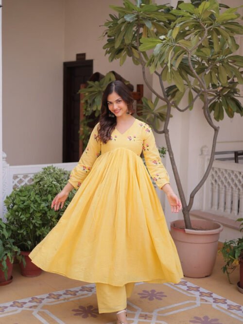 Yellow Cotton Kurti Pant Set with Embroidered Work