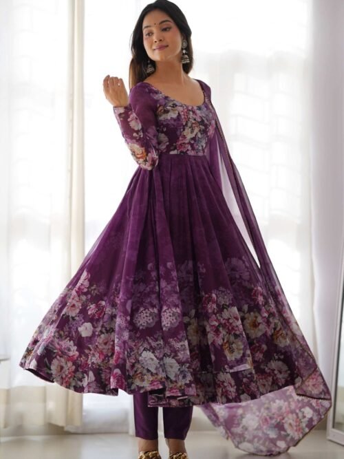 Trendy Wine Floral Printed Anarkali Suit Set with Dupatta - Modern & Chic