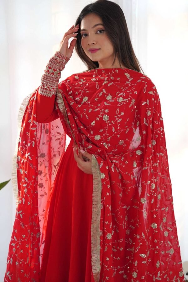 Gourgeous Red Color Georgette Gown Full Set with Embroidered Dupatta