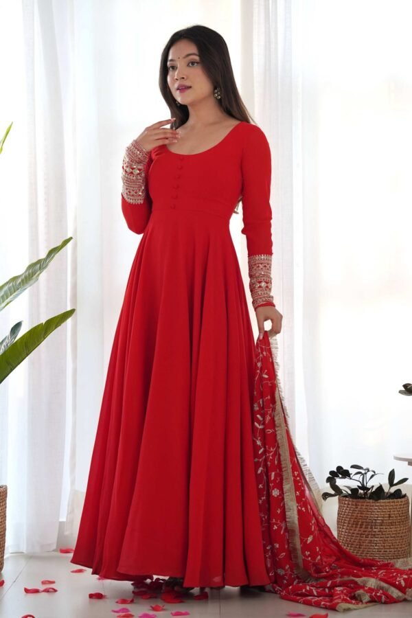 Gourgeous Red Color Georgette Gown Full Set with Embroidered Dupatta