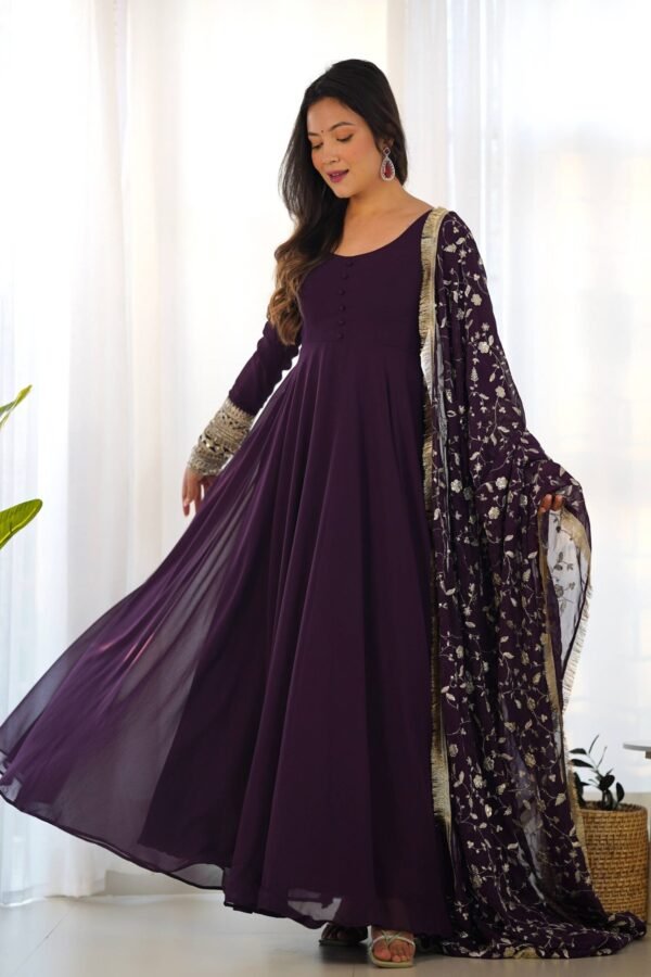Elegant Wine Georgette Gown Set with Dupatta - Luxurious & Chic