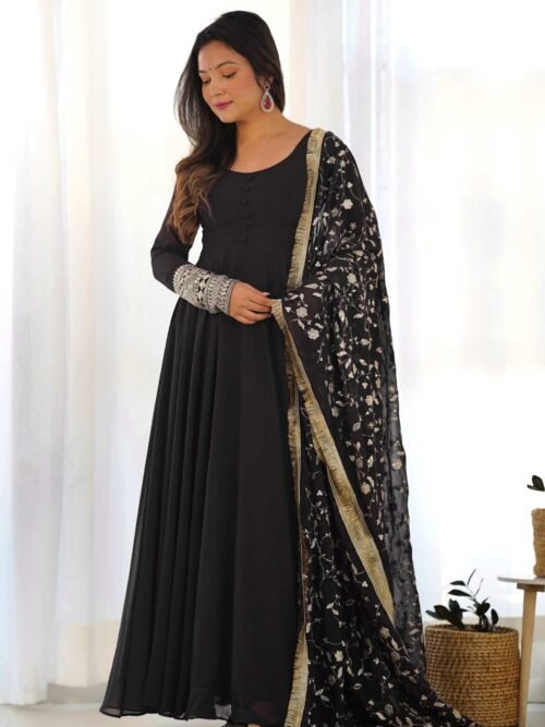 Timeless Black Georgette Gown Ensemble Luxurious Embellishments