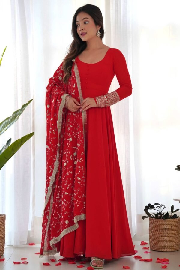 Gourgeous Red Color Georgette Gown Full Set with Embroidered Dupatta