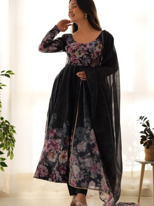 Sophisticated Black Organza Silk Anarkali Suit Set - Perfect Choice