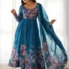 Luxurious Turkish Floral Printed Organza Anarkali Suit Set with Dupatta