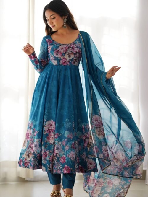 Luxurious Turkish Floral Printed Organza Anarkali Suit Set with Dupatta