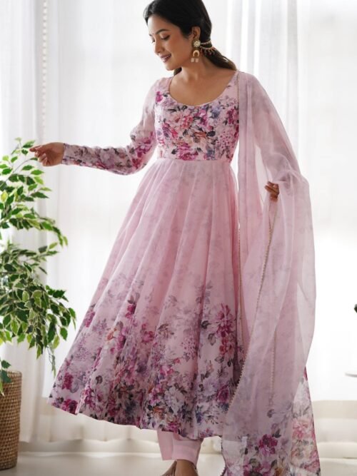 Trendy Pink Floral Anarkali Suit Set with Dupatta - Modern & Beautiful
