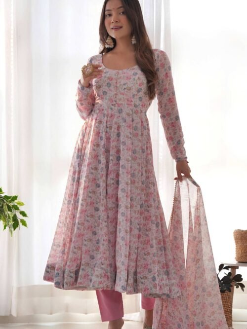 Elegant Pink Chiffon Anarkali Suit with Orange Floral Print Dupatta