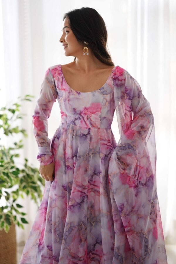 Exquisite Pink Organza Floral Print Anarkali Suit with Dupatta