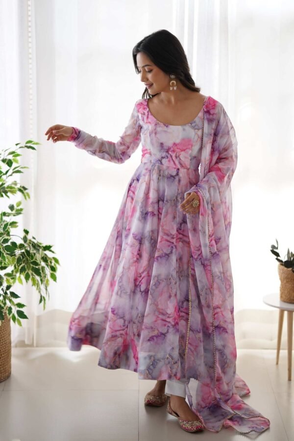 Exquisite Pink Organza Floral Print Anarkali Suit with Dupatta