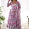 Exquisite Pink Organza Floral Print Anarkali Suit with Dupatta