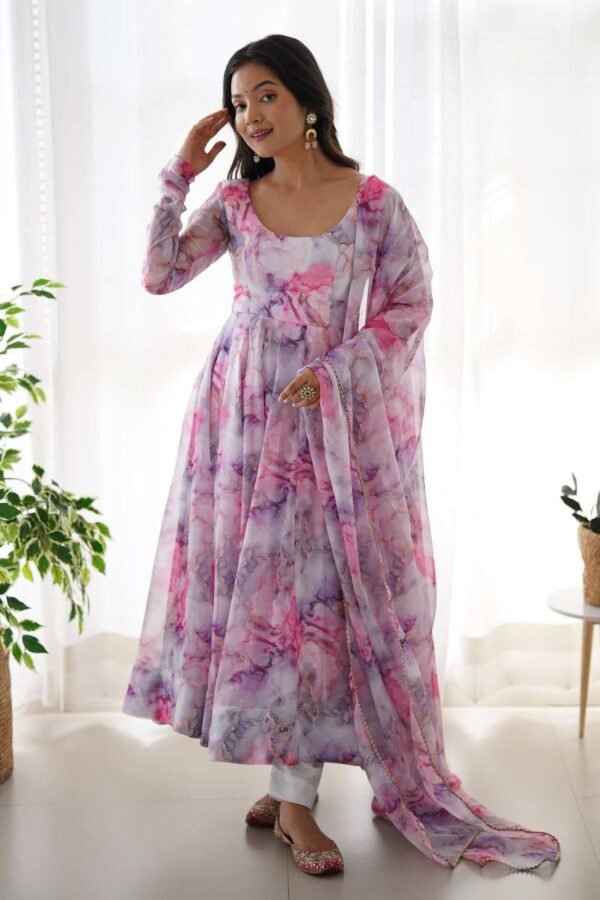 Exquisite Pink Organza Floral Print Anarkali Suit with Dupatta