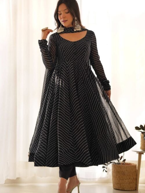 Stunning Black Laheriya Print Georgette Anarkali Suit with Dupatta