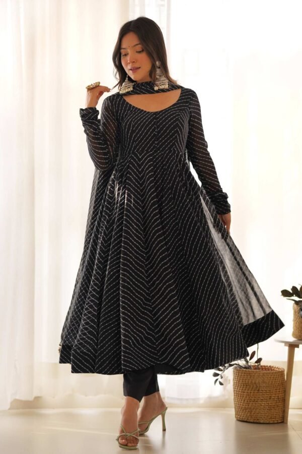 Stunning Black Laheriya Print Georgette Anarkali Suit with Dupatta