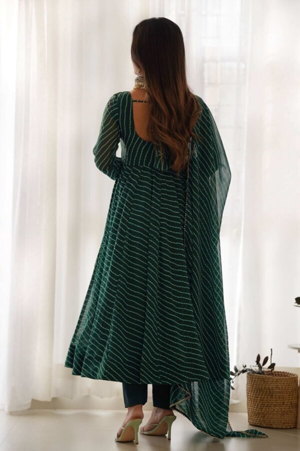 Exquisite Bottle Green Laheriya Print Georgette Anarkali Suit with Dupatta