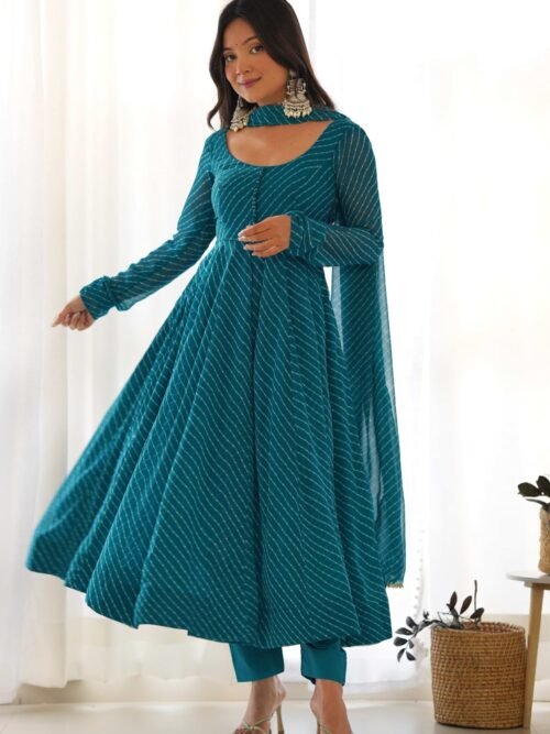 Alluring Rama Lehriya Anarkali Suit Sophisticated Charm