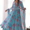 Sky Blue Floral 3-Layer Georgette Gown with Dupatta