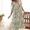 Elegant White Soft Georgette One-Piece Dress with Green Floral Print