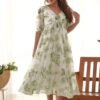 Elegant White Soft Georgette One-Piece Dress with Green Floral Print