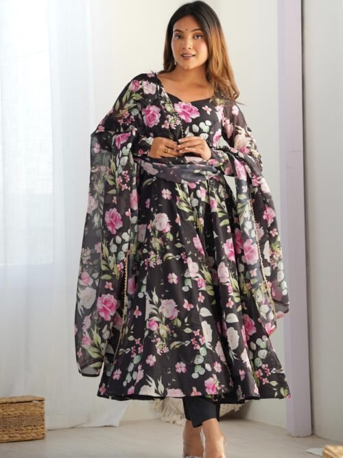 Black Organza Silk Floral Print Anarkali Suit Set