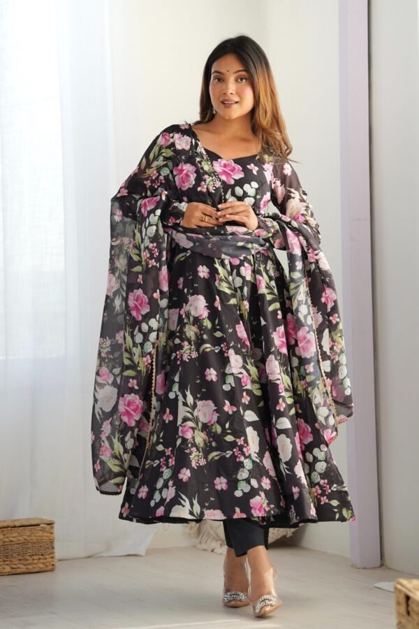 Black Organza Silk Floral Print Anarkali Suit Set