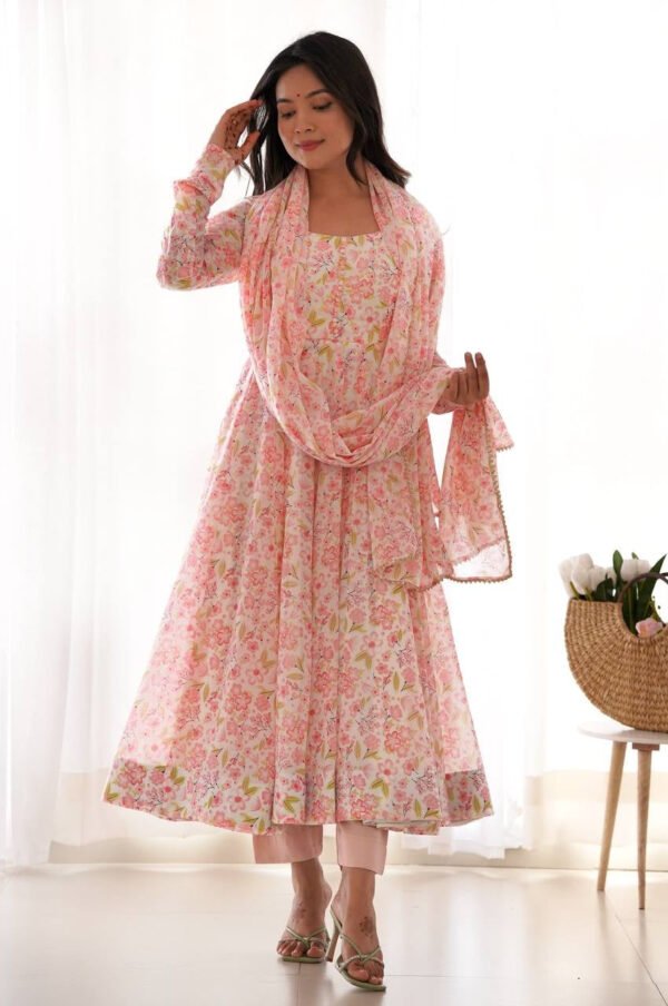 Pink Flower Printed Anarkali Suit Set