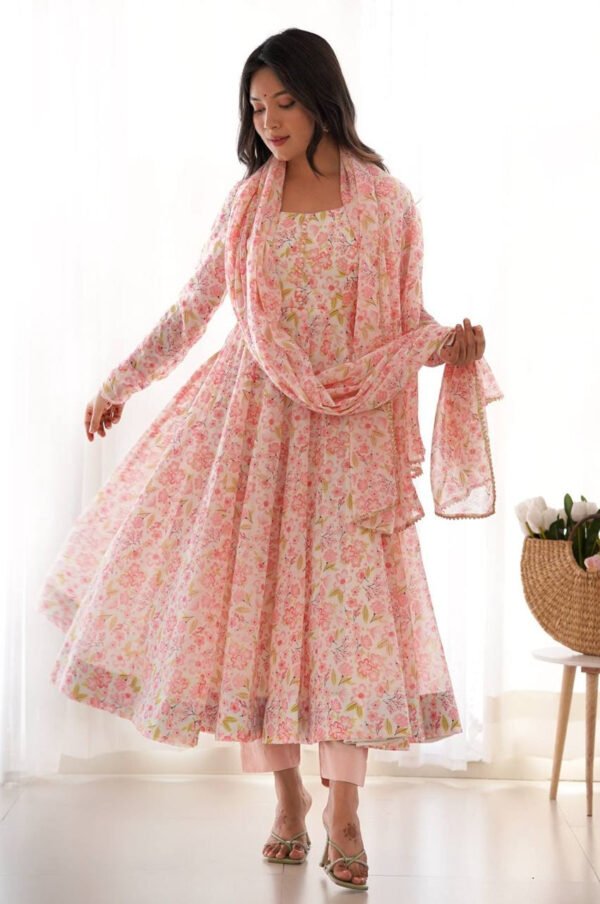 Pink Flower Printed Anarkali Suit Set