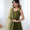 Mehndi Green Roman Silk Anarkali Suit Set