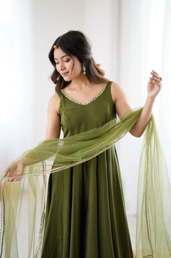 Mehndi Green Roman Silk Anarkali Suit Set