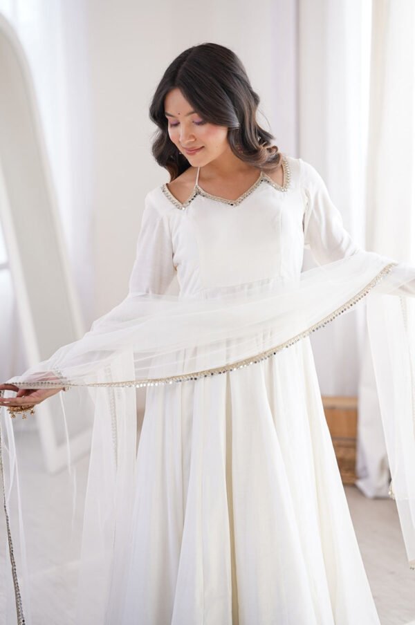 White Roman Silk Anarkali Suit Set