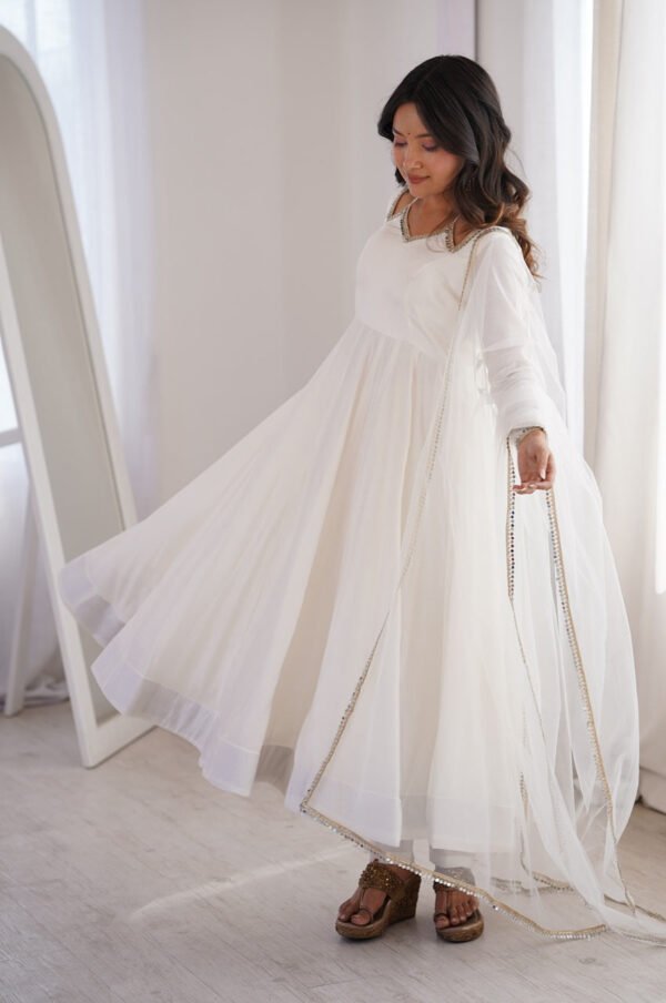 White Roman Silk Anarkali Suit Set