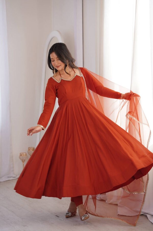 Rust Orange Roman Silk Chanderi Anarkali Suit with 4+ Meter Flair