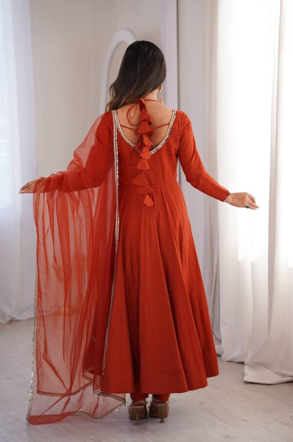 Rust Orange Roman Silk Chanderi Anarkali Suit with 4+ Meter Flair