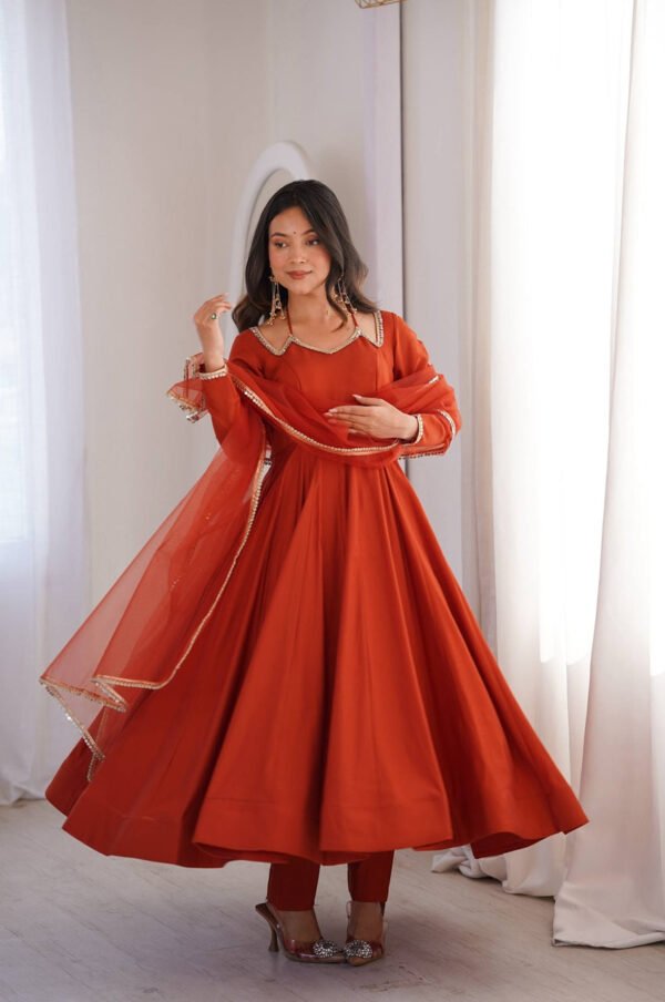 Rust Orange Roman Silk Chanderi Anarkali Suit with 4+ Meter Flair