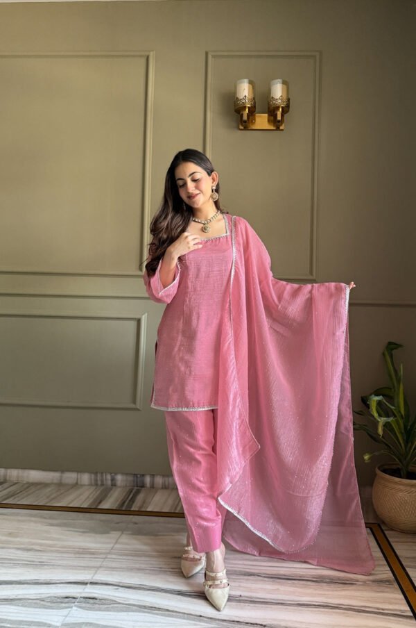 Pink Crunchy Silk Farshi Salwar Suit with Swarovski Work