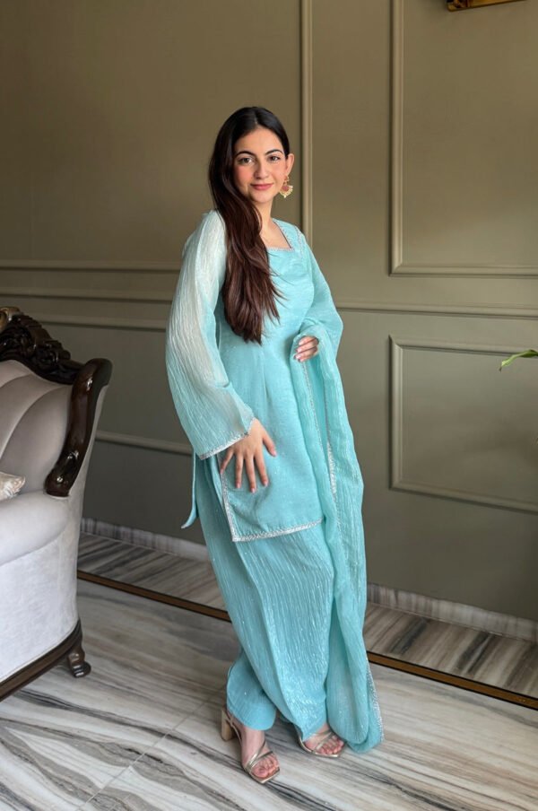 Cute Teal Crunchy Silk Farshi Salwar Suit