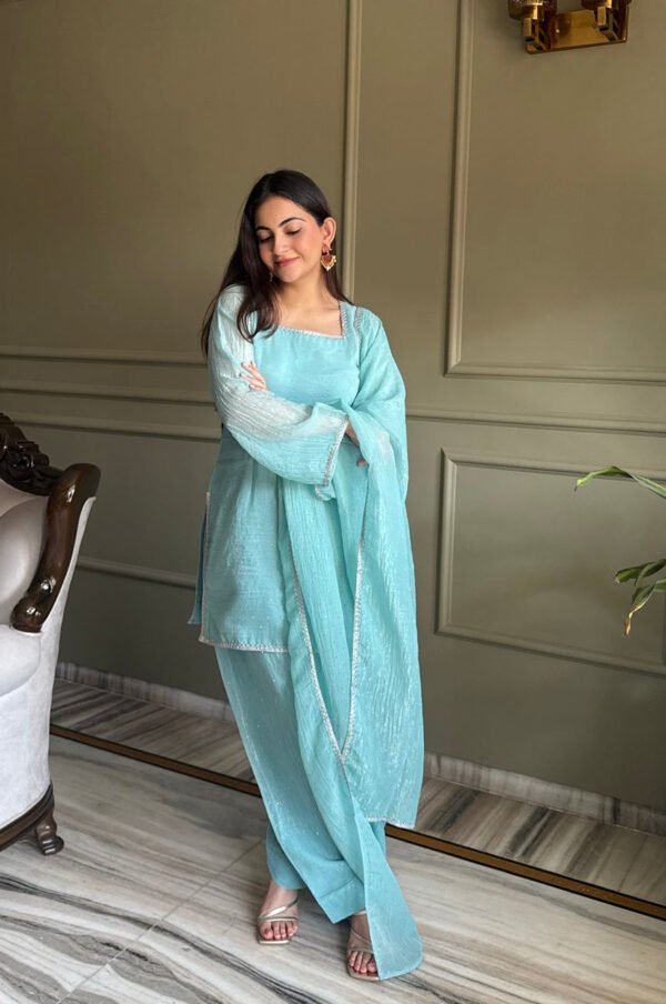 Cute Teal Crunchy Silk Farshi Salwar Suit