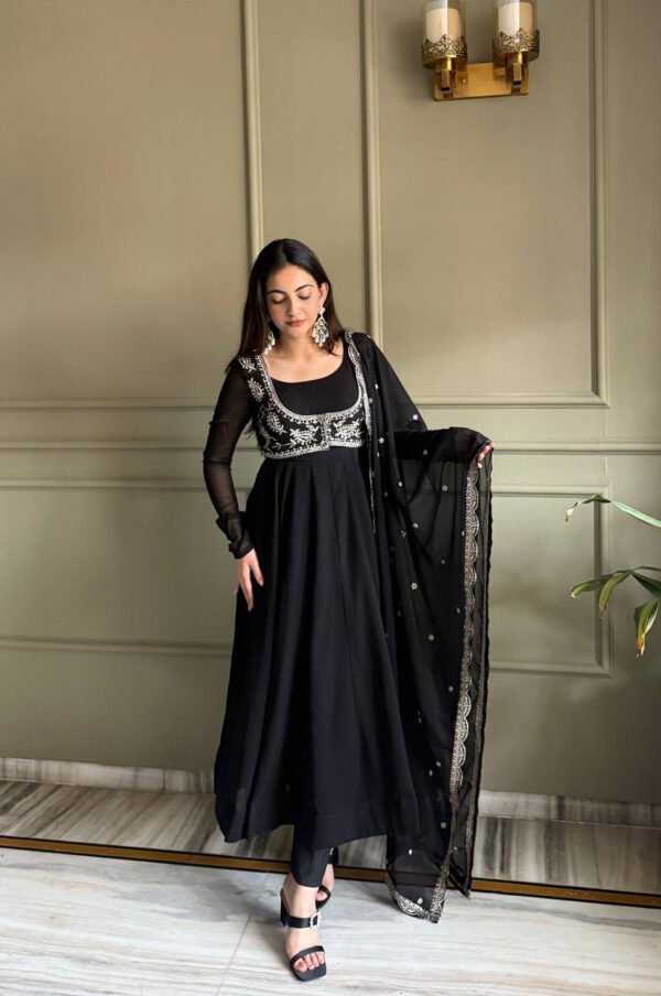 Jacket Style Black Anarkali Suit Set – Party Wear Georgette Anarkali Dress for Women