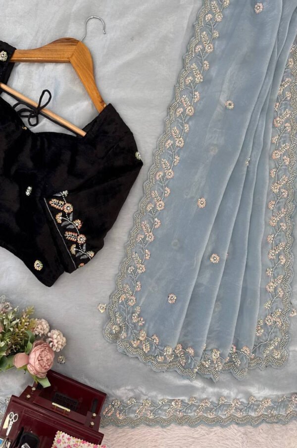 Sea Grey Fendy Silk Heavy Saree